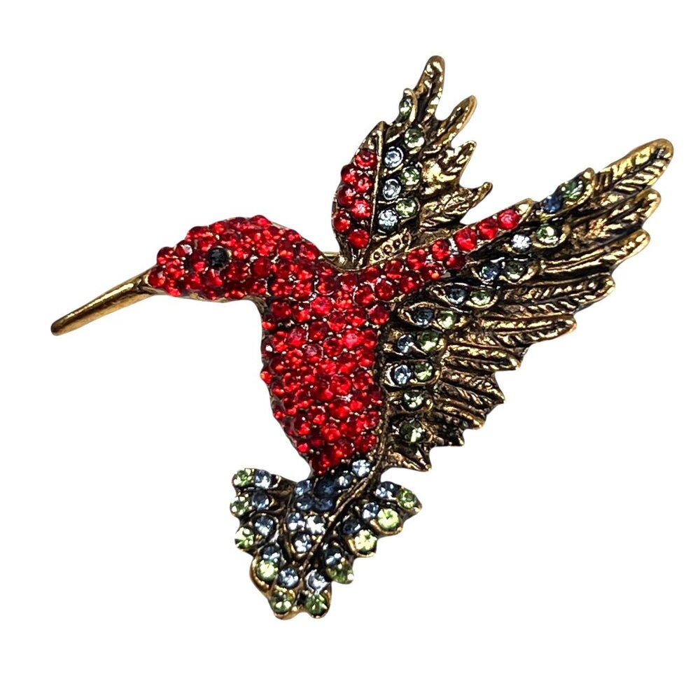 Vtg Hummingbird Brooch Pin Pendant Rhinestones Red Green Blue Estate Jewelry
